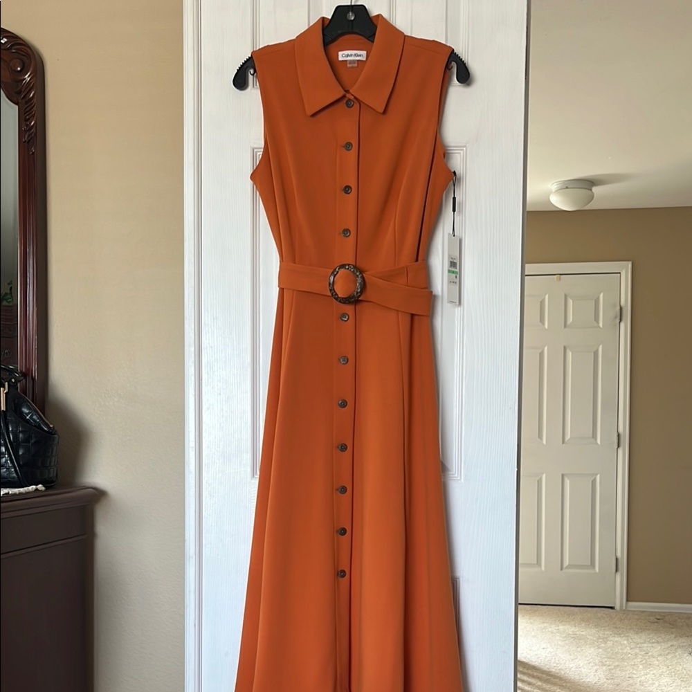 Calvin Klein Orange Midi A- Line Dress Notched Collar Sz 8